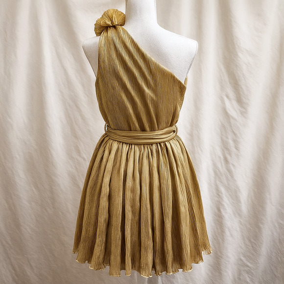 Mable Gold One Shoulder Pleated Mini Dress S Metallic Holiday Party NYE Bow - Picture 2 of 13